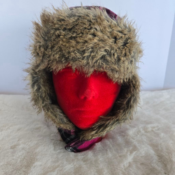 Women's John Deere Plaid Trapper Hat One Size Pink Black Faux Fur - Picture 6 of 12